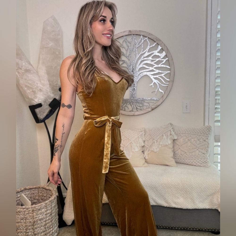 FOREVER 21 Velour Vintage Style Jumpsuit Gold